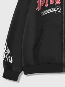 ROMWE MEN Goth Men Letter Graphic Zip Up Hoodie - Black - View 3
