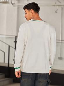 Manfinity VCAY Nam Sọc trang trí Nút phía trước Áo len Mở - trắng - Xem 2