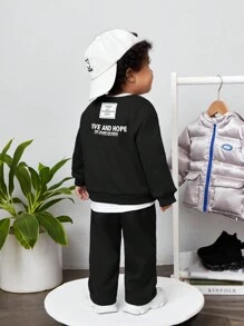 SHEIN 男嬰標語圖案落肩袖衛衣和衛褲 - 黑色 - 查看 1