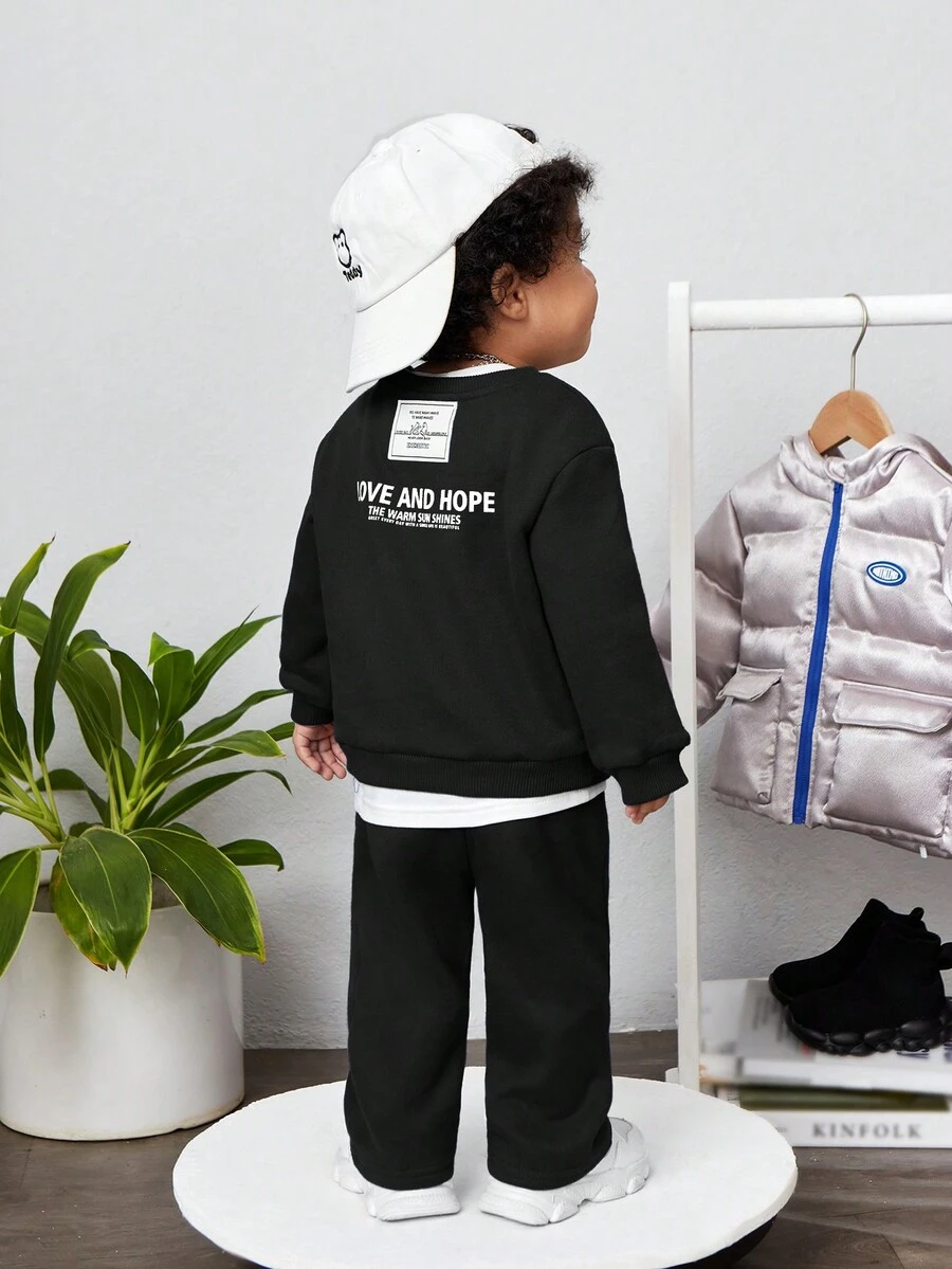 SHEIN 男嬰標語圖案落肩袖衛衣和衛褲 - 黑色 - 查看 1