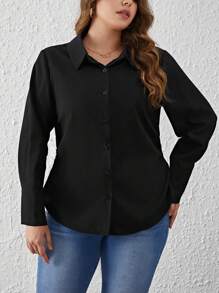 SHEIN Privé Hơn Chất rắn Nút phía trước Áo sơ mi - màu đen - Xem 5