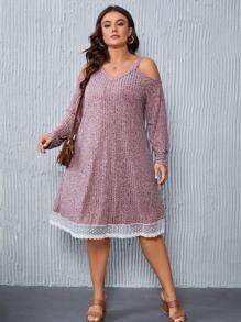 SHEIN LUNE 大碼挖肩拼接波點網紗下擺洋裝 - 紅色 - 查看 3