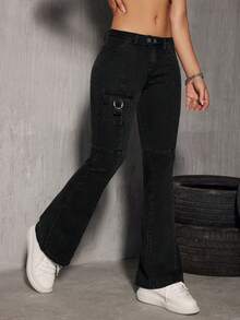 SHEIN EZwear Flap Pocket Flare Leg Jeans - Black - View 5