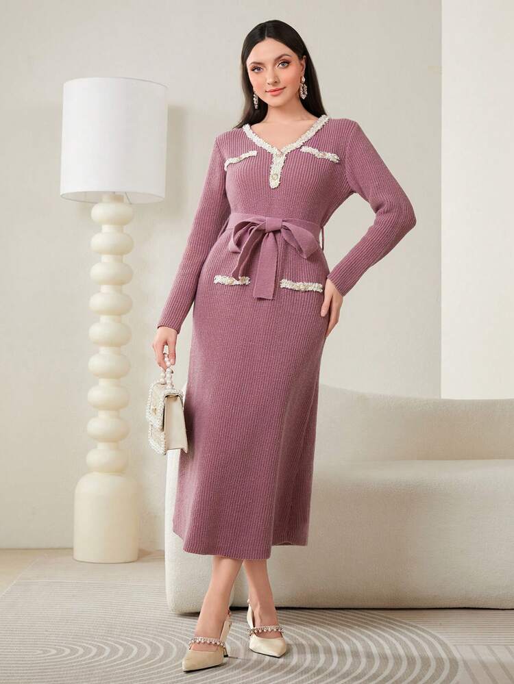 Contrast Trim Button Front Belted Sweater Dress