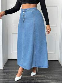 SHEIN Plus Button Fly Flare Denim Skirt - Light Wash - View 5