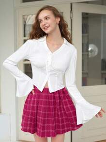 SHEIN MOD Solid Button Front Flare Sleeve Blouse