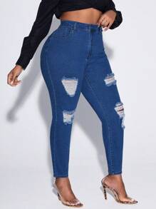 SHEIN SXY Talla grande Jeans ajustados desgarro de talle alto - Azul lavado medio - Ver 5