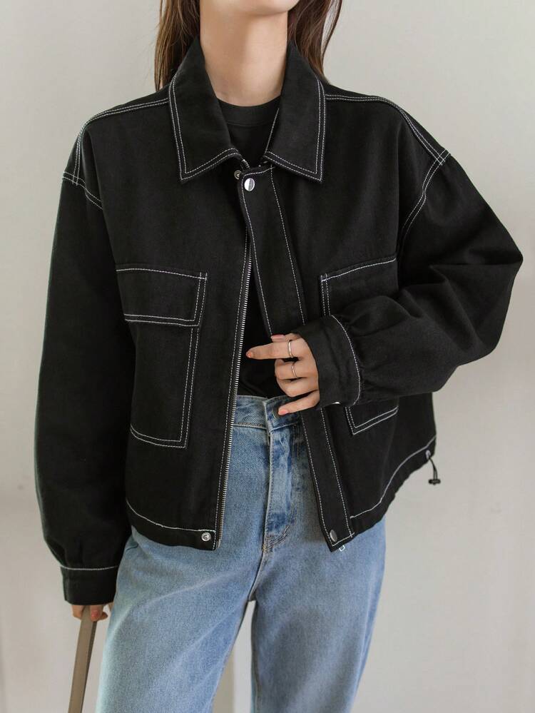 Stitching Design Turn-Down Collar Denim Jacket Old Money Style,Fall Clothes Business Casual Woman