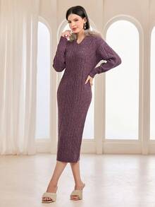 Modelyn 毛茸邊落肩袖連帽毛衣洋裝 - 酒紅色 - 查看 4