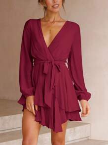 素色多層下擺圍裹繫腰帶洋裝 - 酒紅色 - 查看 1