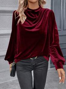 SHEIN Clasi 毛絨堆領燈籠袖天鵝絨襯衫 - 酒紅色 - 查看 3