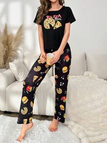 Letter & Cartoon Graphic PJ Set / Pajama Set