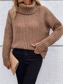 SHEIN LUNE Áo cao cổ Thả vai Đồ đan Ribbed Áo len - Cà phê nâu - Xem 5