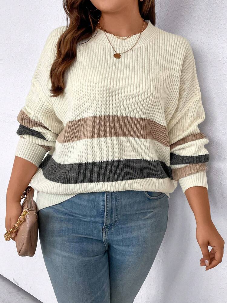 Plus Striped Colorblock Drop Shoulder Sweater