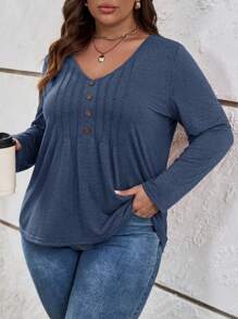 SHEIN LUNE Plus Solid Button Front Tee - Navy Blue - View 4