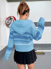 SHEIN Unity 條紋圖案拉鏈開襟麻花編織開襟衫 - 藍色 - 查看 2