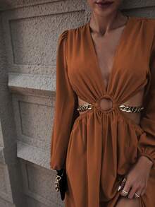 SHEIN Clasi Cổ Lao Vòng liên Cắt bỏ eo Tách đùi Đầm - màu nâu - Xem 6