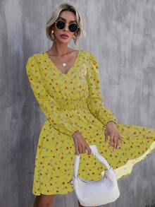 SHEIN Clasi Đầm Dải chun Họa tiết hoa Boho - Màu vàng - Xem 7