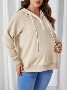 SHEIN Maternidad Talla grande Sudadera con capucha de manga raglán con cordón - Caqui - Ver 3