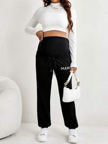 SHEIN Thai sản Thêu Chữ Dây rút Vòng eo có thể điều chỉnh Quần - màu đen - Xem 3