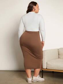 SHEIN BASICS Plus High Waist Pencil Skirt - Mocha Brown - View 4