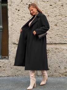 SHEIN Frenchy 大碼西裝領雙排釦花呢外套 - 黑色 - 查看 3