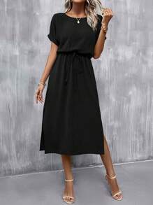 SHEIN Clasi 蝙蝠袖前打結高衩洋裝 - 黑色 - 查看 4