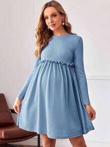 SHEIN Maternity Frill Trim Solid Smock Dress - Blue - View 1