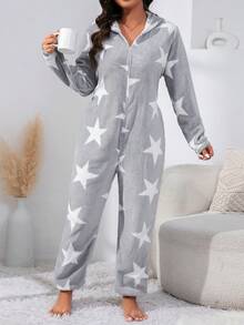 Talla grande Mameluco de dormir con estampado de estrella con capucha - Gris - Ver 3