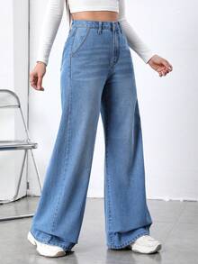 SHEIN EZwear Jeans Coolmax de cintura alta y pierna ancha - Lavado ligero - Ver 5