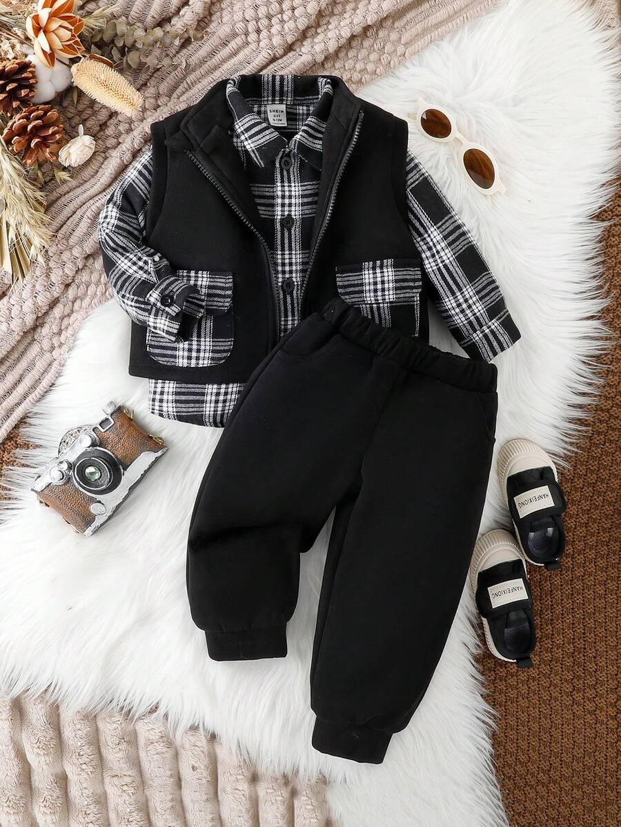 男嬰格紋印花襯衫&夾克背心和褲子