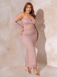 SHEIN SXY Plus Off Shoulder Ruched Mesh Top & Skirt - Dusty Pink - View 5