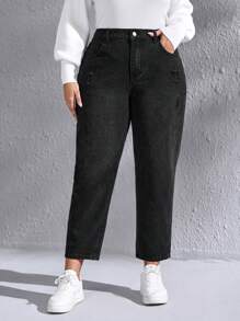 EMERY ROSE Plus Ripped Mom Fit Jeans, Fall Women Clothes - Black - View 4