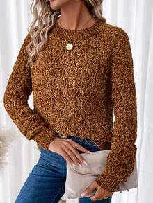 SHEIN Frenchy Solid Raglan Sleeve Sweater - Brown - View 5