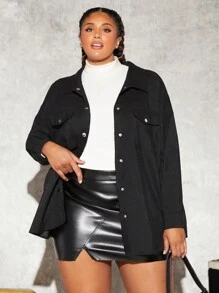 SHEIN CURVE+ Women's Plus Size Flip Pocket Shirt - Black - View 5