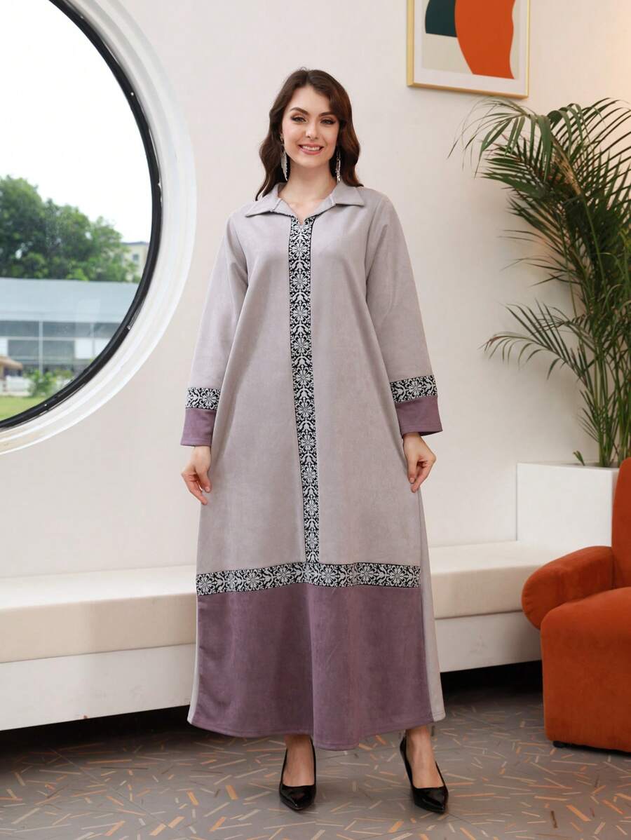 Contrast Panel Arabian Dress - Mauve Purple - View 1