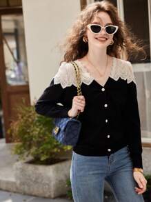 Contrast Lace Button Front Cardigan - Black - View 1