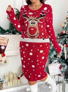 SHEIN Frenchy Plus Christmas Pattern Sweater Dress - Red - View 1