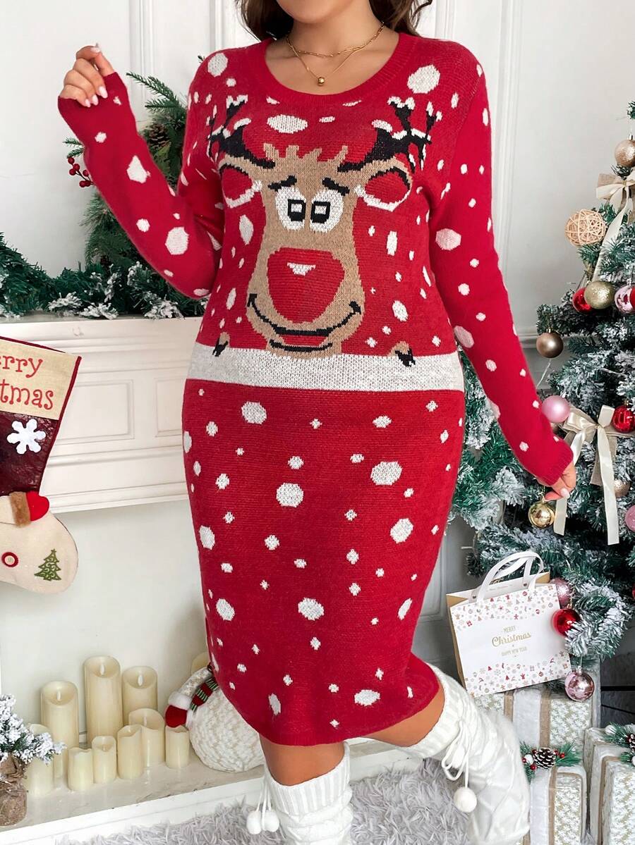SHEIN Frenchy Plus Christmas Pattern Sweater Dress - Red - View 1