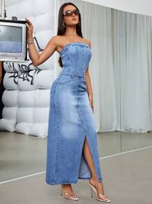 SHEIN EZwear Women'S Denim Bandeau Slit Dress - Medium Wash - View 5