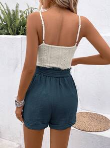 SHEIN Frenchy Women's Summer White Beige CottonSlim-Fit Burnt Flower Embroidery Tank Top And Shorts Set - Navy Blue - View 2