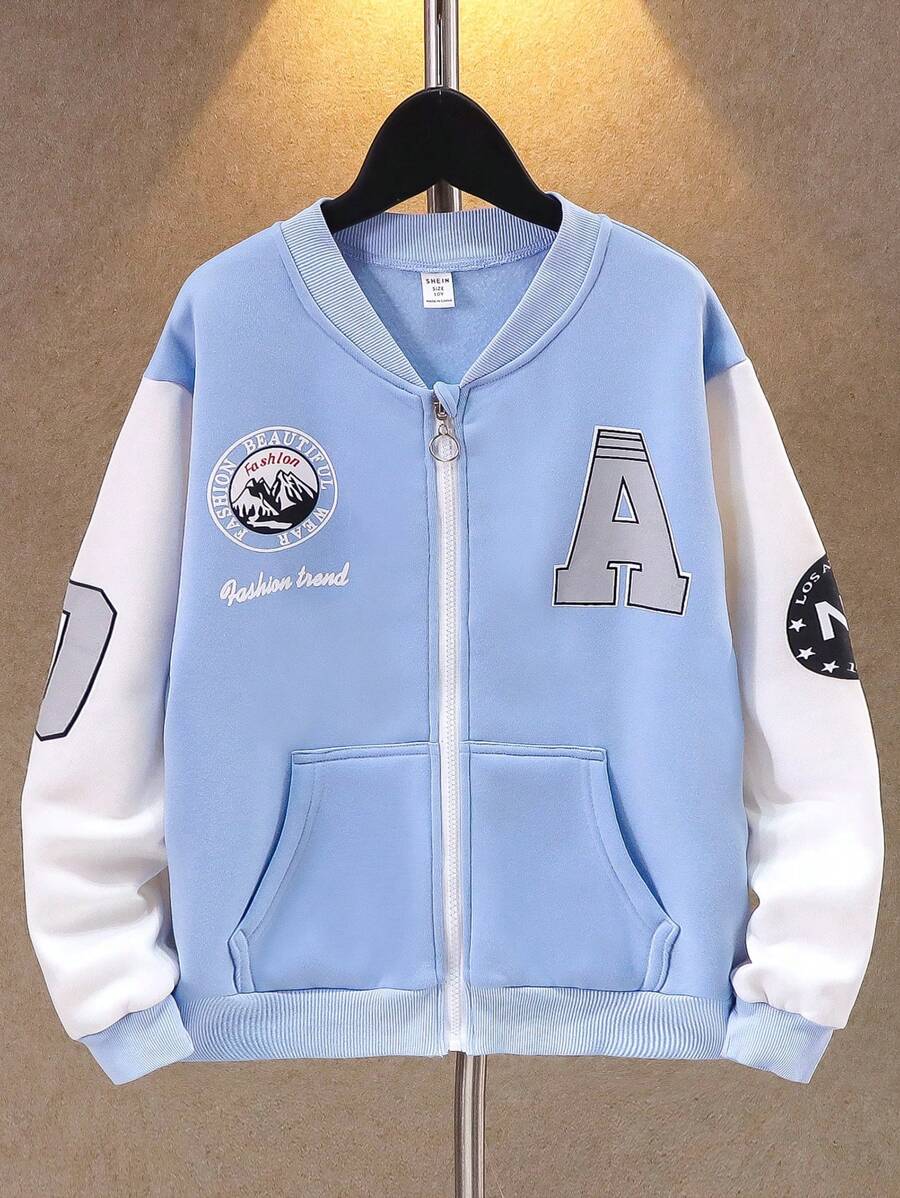 男大童字母圖案撞色加絨內裏飛行員夾克 - 淺藍色 - 查看 1