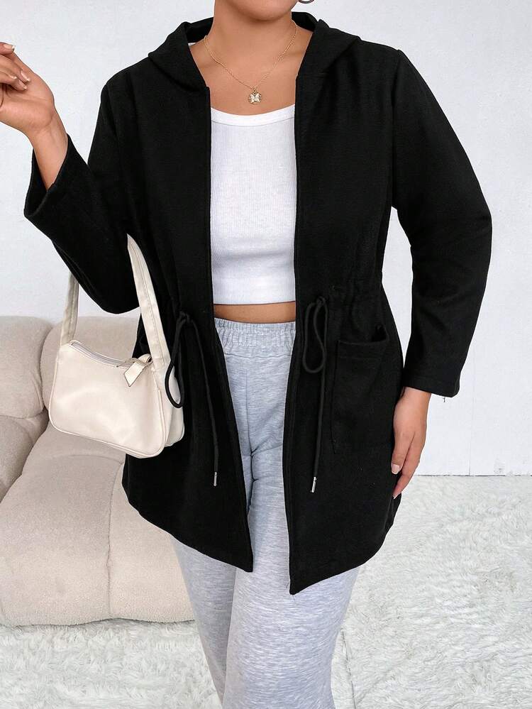 Plus Drawstring Waist Dual Pocket Hooded Coat