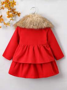 SHEIN Young Girl Fuzzy Collar Double Breasted Overcoat Without Sweater - Red - View 2