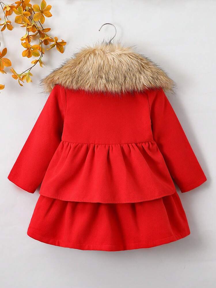 Young Girl Fuzzy Collar Double Breasted Overcoat Without Sweater