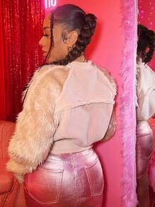 Slaydiva Zip Up Crop Fuzzy Coat - Baby Pink - View 3