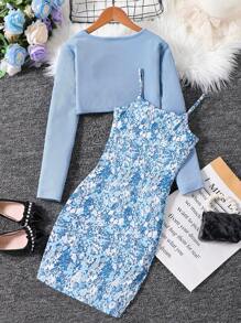 Tween Girl Floral Print Cami Dress & Super Crop Top