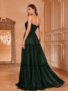 Frill Trim Ruffle Hem Tube Prom Dress - Dark Green - View 2