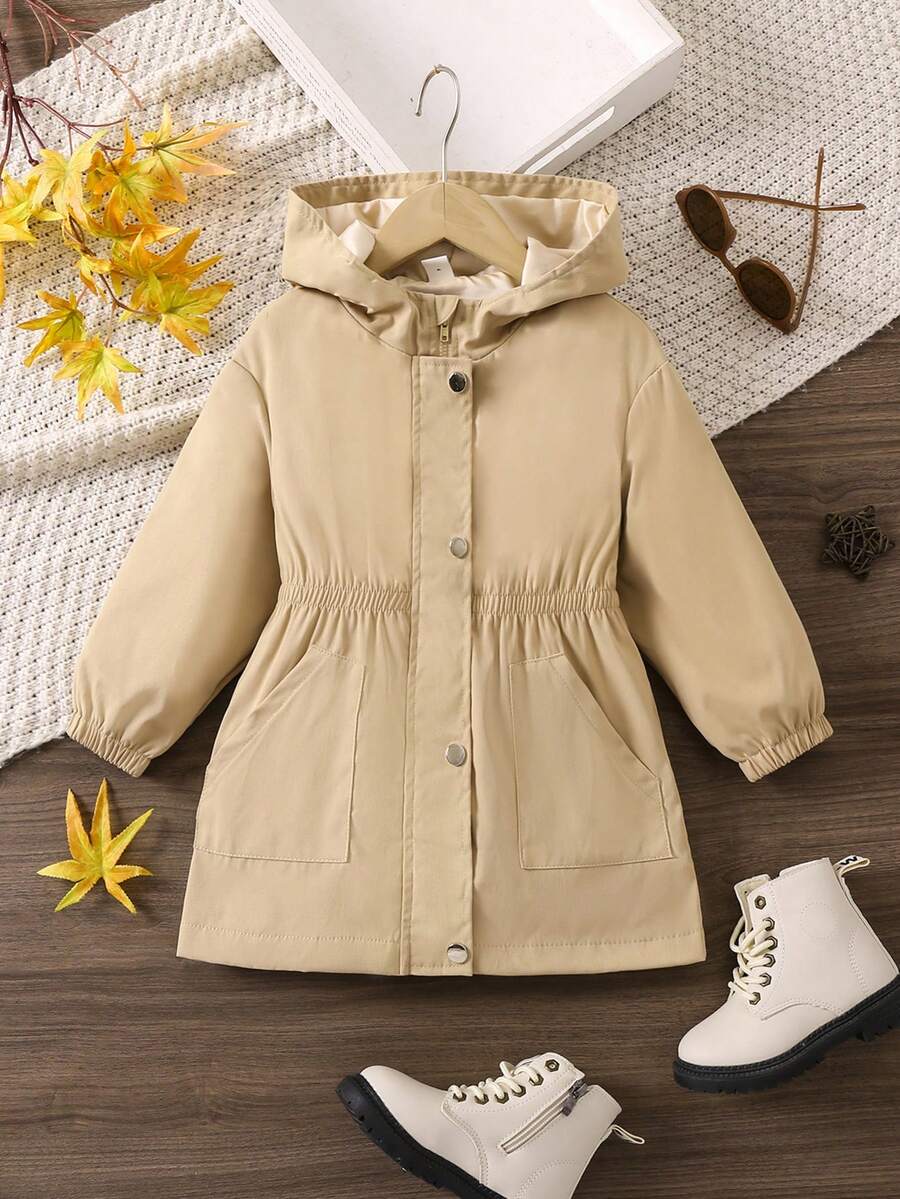 SHEIN 女小童1入組斜口袋連帽外套 - 卡其色 - 查看 1