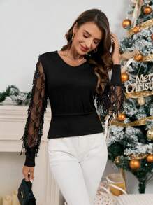 SHEIN Privé 拼接網紗袖上衣 - 黑色 - 查看 1